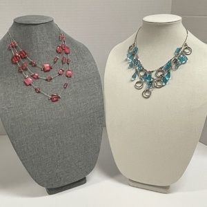 2 Triple Silver Tone Chain Red Bead Blue Bead Vintage Necklaces